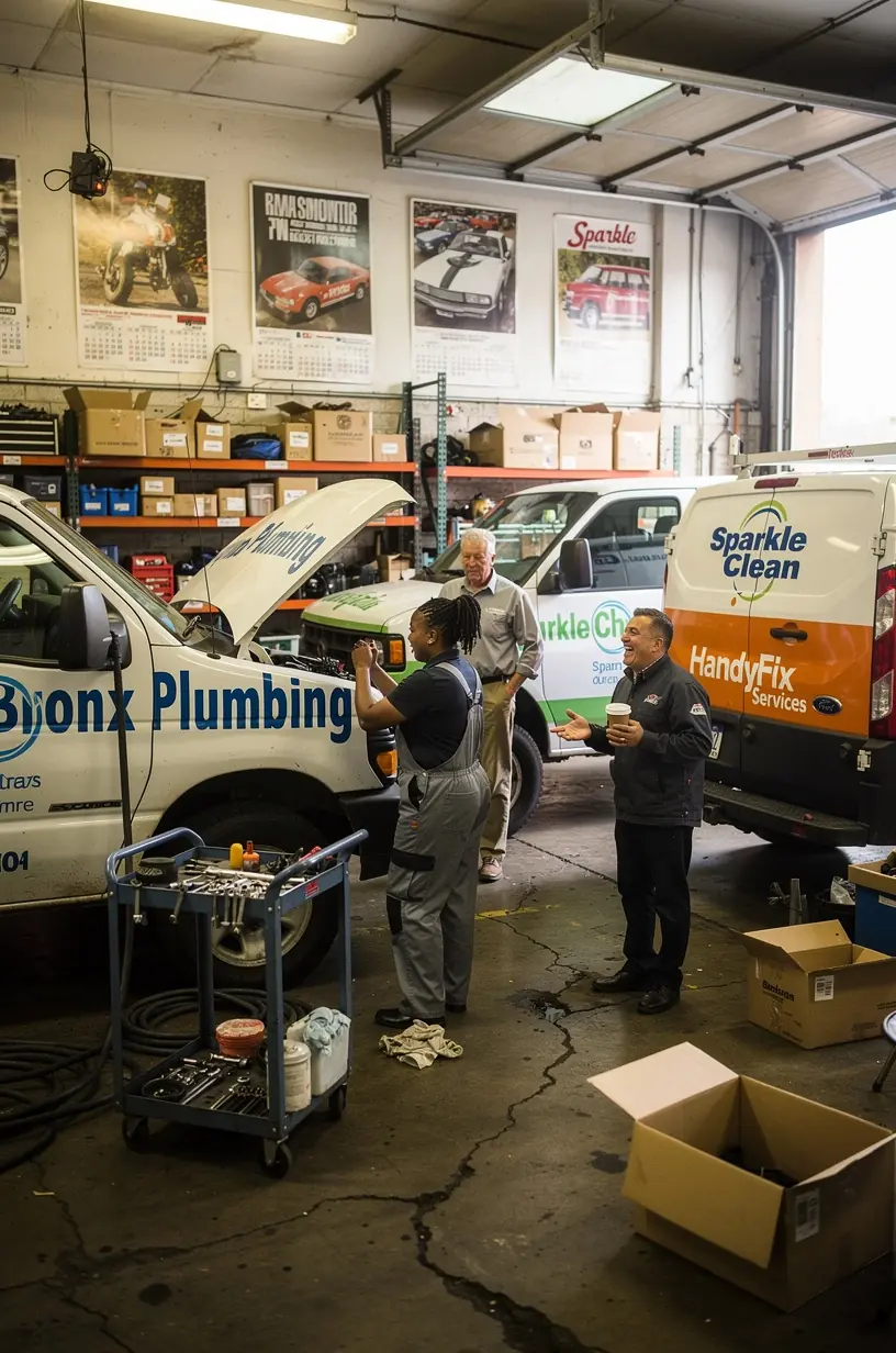 Mechanic using a computerized tool to plan repair services for a mobile business vehicle.